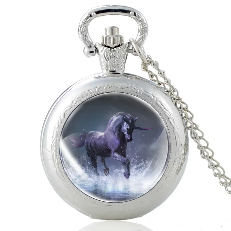 

High Quality Silver Unicorn Quartz Glass Dome Pocket Watch Charm Women Necklace Pendant Jewelry Gift