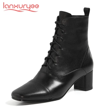 

Lanxuryee work boots genuine leather all-match gladiator square toe thick high heel lace up office lady dating ankle boots L66