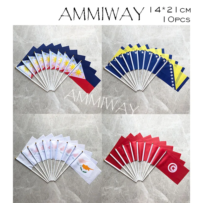 AMMIWAY 14x21cm 10pcs Philippines Bosnia and Herzegovina Cyprus Tunisia Hand Waving National Flag Polyester Free Shipping | Дом и сад