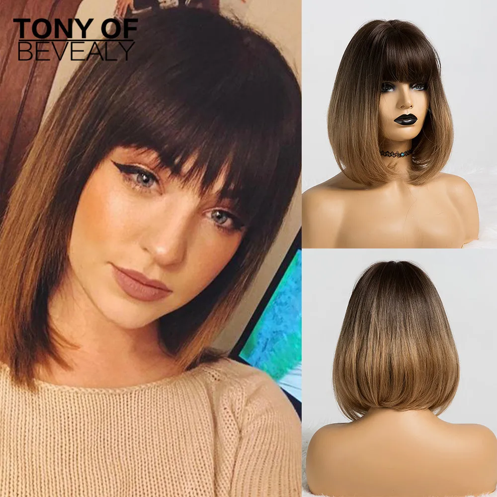 Synthetic Wigs Black to Brown Ombre Hair With Bangs For Women Short Straight Bob Hairstyle Cosplay Wigs Heat Resistant Fiber