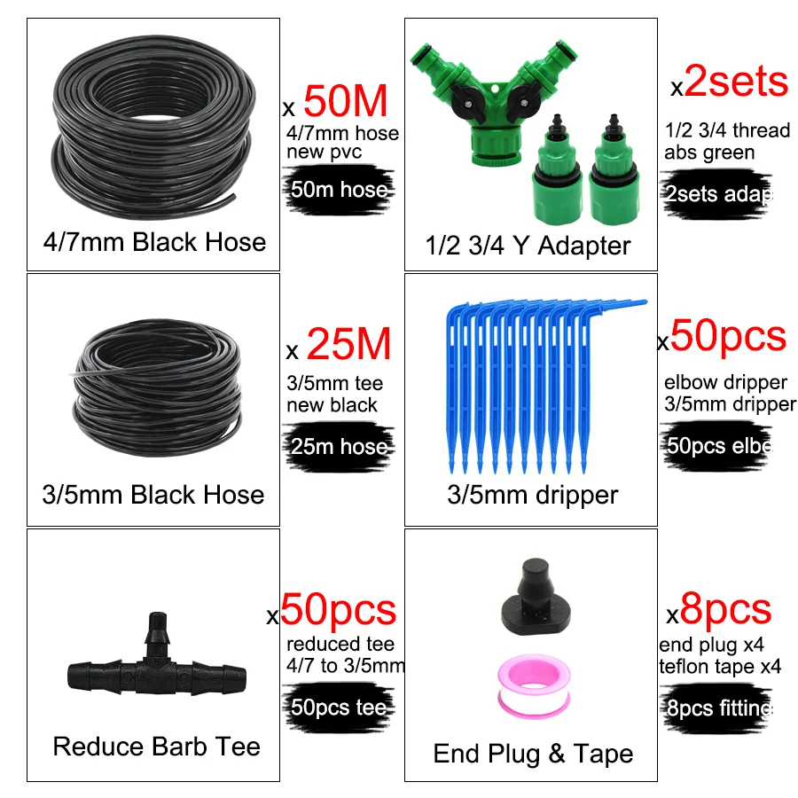 MUCIAKIE 1/4'' Reduced 1/8'' Blue Elbow Emitter Drip System Garden Watering Irrigation Kits for Home Bonsai Plants