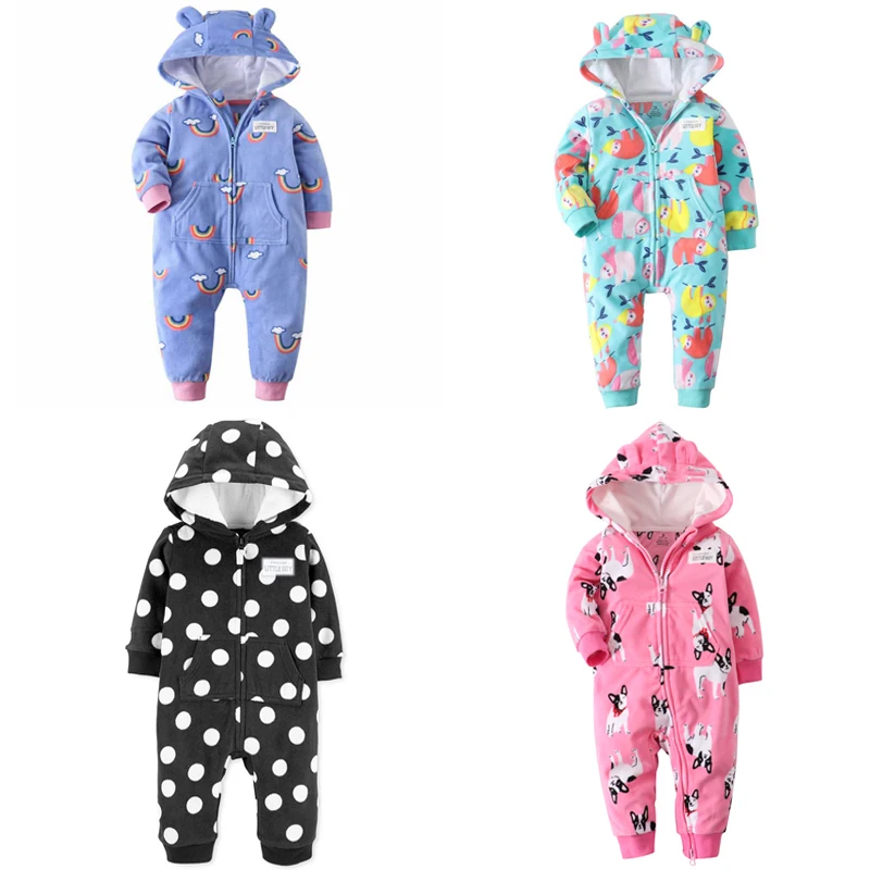 baby girl clothes winter long sleeve hooded boy jumpsuit fleece overalls warm zipper 9-24M toddler infant cute costume