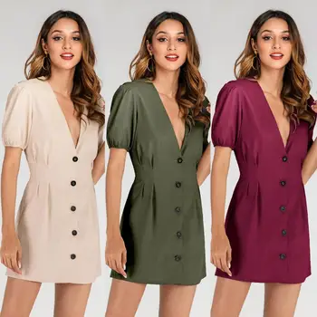 

Elegant Suit Mini Dress Women Summer Mini Dress V-Neck Short Sleeve Buttons Solid Color High Waist Dresses #20