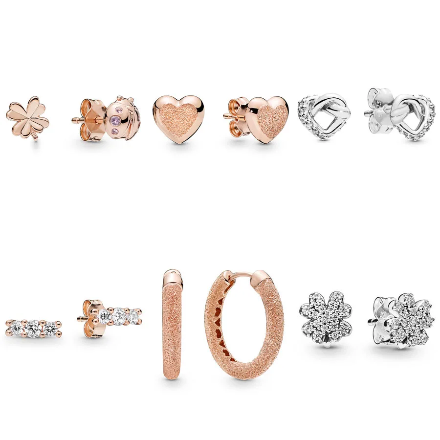 Розовое матовое блестящее узелковое сердце, серьги клевер и божья коровка, 925 пробы серебряные серьги для женщин, подарок, сделай сам, Европейское ювелирное изделие