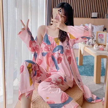 

XIZOU Women's 3 Pieces Pajamas Sets 2020 Spring And Autumn Wear Sexy Women Pajama Sets Nightdress+Robe+Pant Female Pajamas