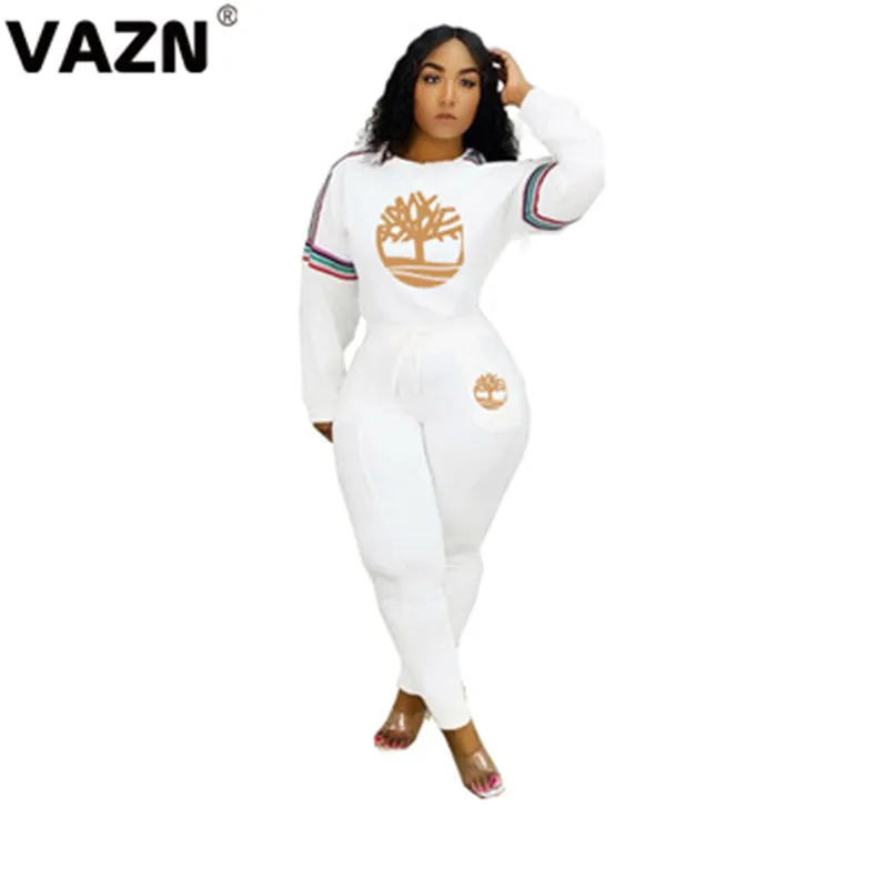 VAZN, Осенние повседневные Мягкие повседневные стильные длинные штаны с длинным рукавом и тесьмой на талии, спортивные костюмы, обтягивающие женские комплекты из 2 предметов - Цвет: Белый