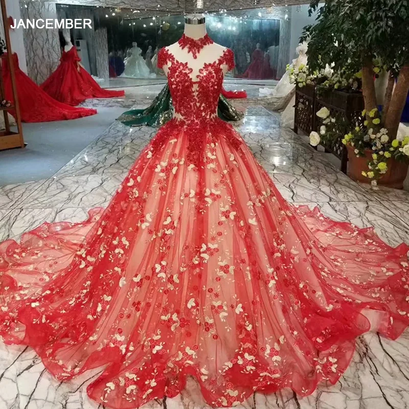 rojo de novia, vestido de fiesta de boda con cuello alto, mangas casquillo, Vestidos de Noche de Fiesta De larga, vestido de baile 2020 - AliExpress