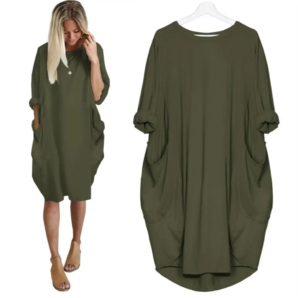 Осенние женские платья с карманами, свободное платье, повседневное длинное платье с вырезом лодочкой для девочек, модное женское платье, большое платье - Цвет: Army Green