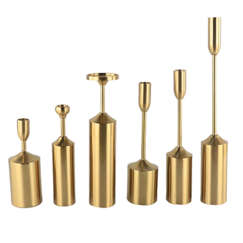 

6Pcs European Gold Candle Holders Metal Pillar Candlestick Wedding Luxury Table Romantic Decorations New Year Party Decoration C