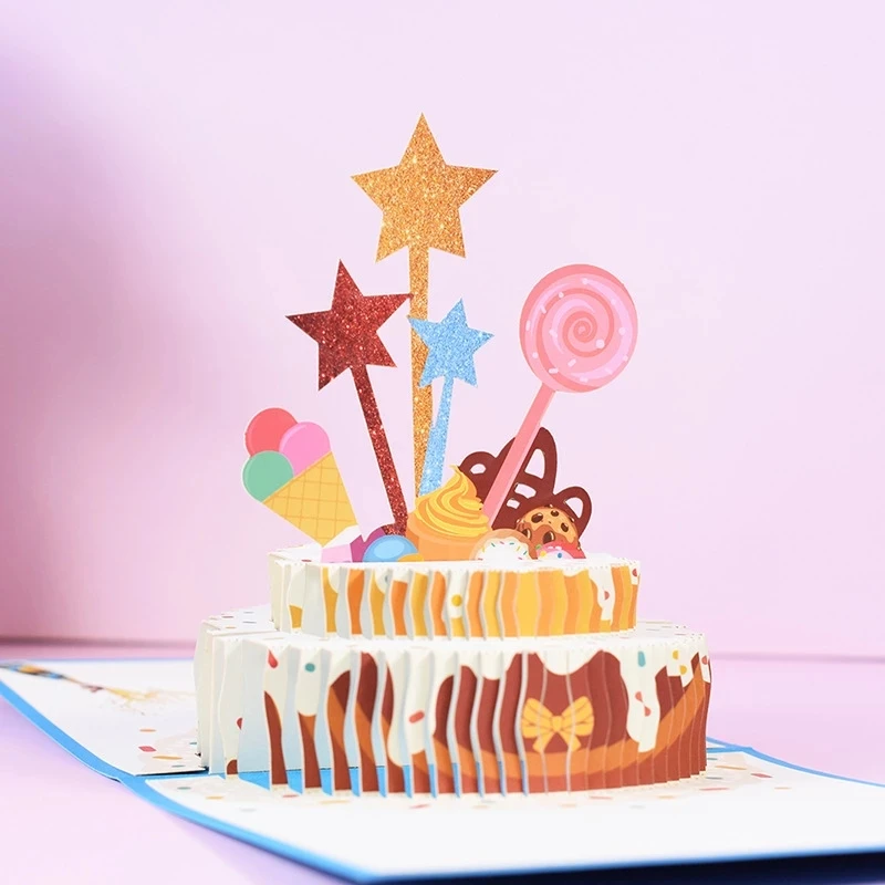 Happy Birthday Card For Boy Girl Kids Husband Wife 3D Birthday Cake Pop-Up Greeting Cards Postcards Festival Gifts With Envelope