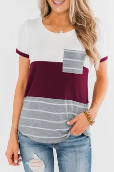 

2020 spring and summer new women's tops explosion models pocket three-color stitching short-sleeved striped t-shirt women