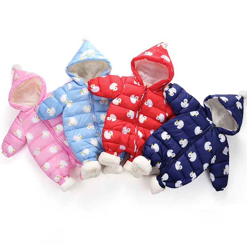 Snowsuit Warm Thicken Rompers Baby Girl Boy Jumpsuit Plus Velvet Snow Wear Cartoon Print Hoodies Clothing For Kids |