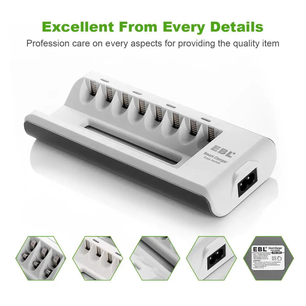 EBL 8 Slots AA Battery Chargers LED Light Smart battery Charger NI-MH 2300mAh Chargers USB Plug Quick Charger portable charge