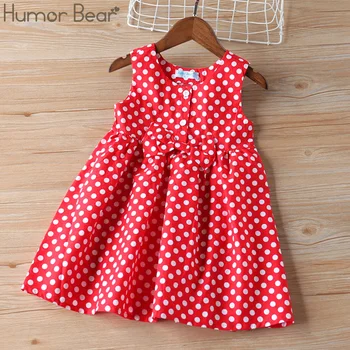 

Humor Bear Baby Girl Dress 2020 Summer Brand New Fashion Clothes Dots Bow Buttons Sleeveless Dress Cute Kids Girls' Clothing