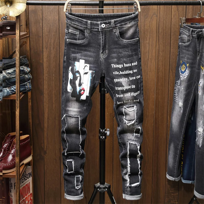 

2020 Winter Men's Patchwork Ripped Embroidered Stretch Jeans Trendy Holes Straight Hip Hop Jeans For Men Pants Streetwear