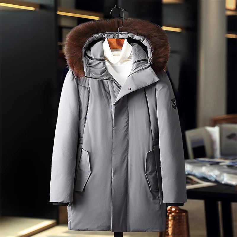 Новая модная брендовая одежда белая куртка на утином пуху Мужская зимняя парка средней длины с меховым капюшоном плотные мужские зимние куртки - Цвет: Gray