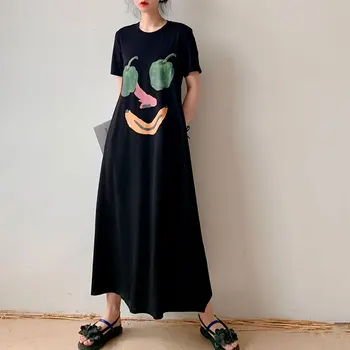 

Loose Women Long Dress New 2020 Summer Printing Robes O Neck Short Sleeve Casual Clothing