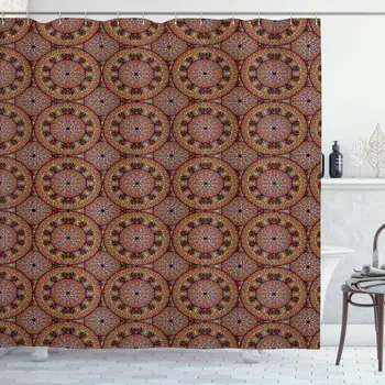 

Bohemian Shower Curtain, Colorful Round with Floral Details Traditional Peruvian Motifs, Cloth Fabric Bathroom Decor Set with