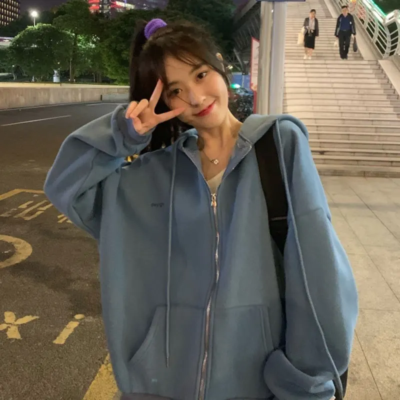 Sudadera con cremallera para mujer, estilo coreano, Top Vintage liso de manga larga, de gran tamaño Sudadera con capucha, chaqueta, abrigos grandes informales