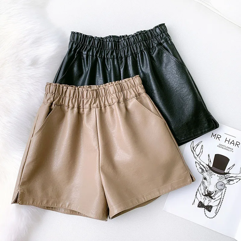 Wasteheart Black Khaki Women Fashion PU Leather Shorts High Waist Woman HotPants Sexy Short Pocket Drawstring Plus Size