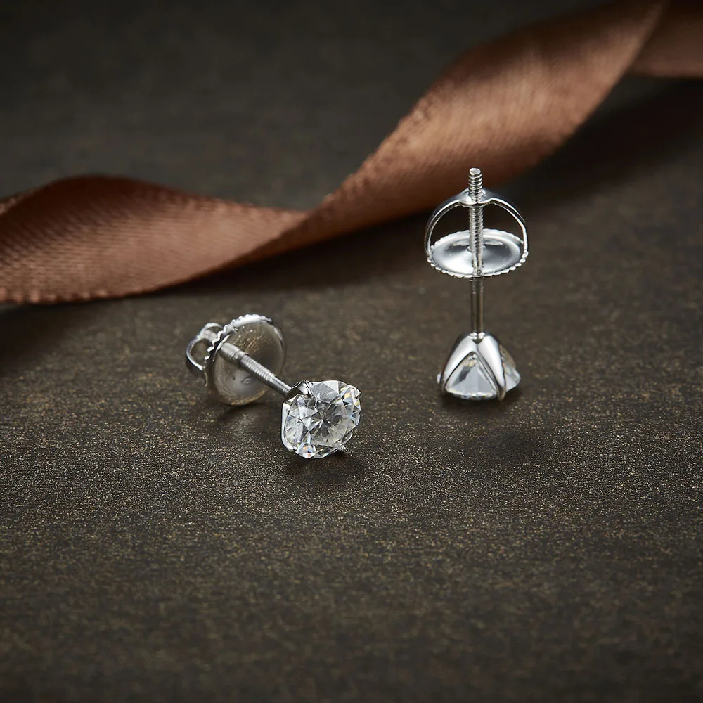 Solid 14K 585 White Gold D E Color Round Moissanite Diamond Stud Earring Screw Back For women Classic Ladies Earrings Gold