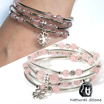 

Women Girls Natural Stone Strawberry Purple Crystal Bracelet Copper Tube Onyx Tiger Eye Beads Wrist Chain Fashion Jewelry Gifts