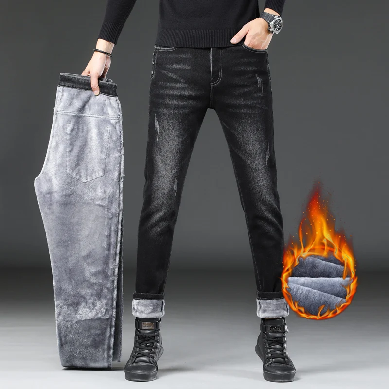 

Зимние трендовые брендовые флисовые толстые теплые прямые Стрейчевые джинсы классические кожаные Молодежные мужские зауженные джинсы зауженные брюки
