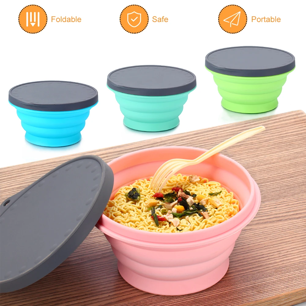 Silicone Collapsible Portable Bowl Expandable Bowl with Lid and Silicone Dish Sponge for Travel Camping Hiking