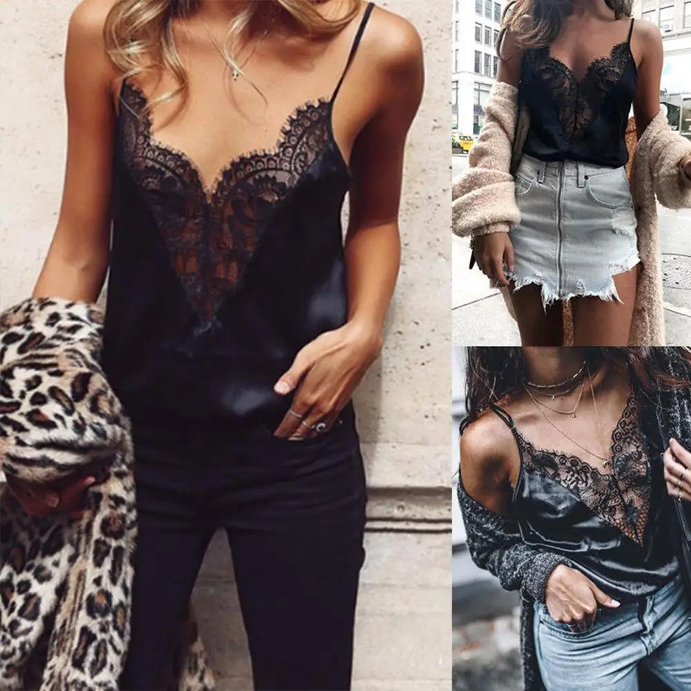 

New Women Floral Lace Perspective Vest V Neck Sleeveless Slim Tank Top Camisole