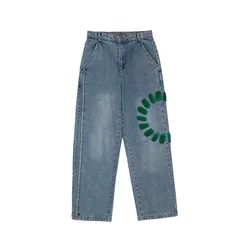 Pantalones vaqueros lavados con bordado de toalla verde para Hombre, Ropa vaquera ancha y recta estilo Hip Hop, Estilo Vintage, moda coreana, 2021