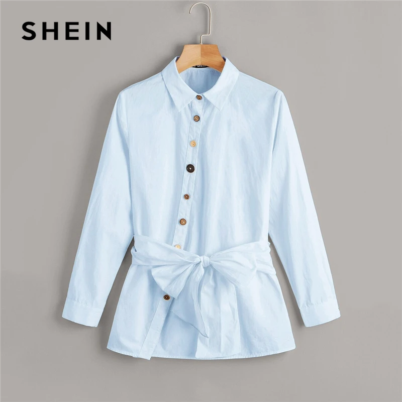 SHEIN Button Front Belted Blouse White Solid Long Sleeve Blouse Casual Women Clothes Spring Autumn Blouses