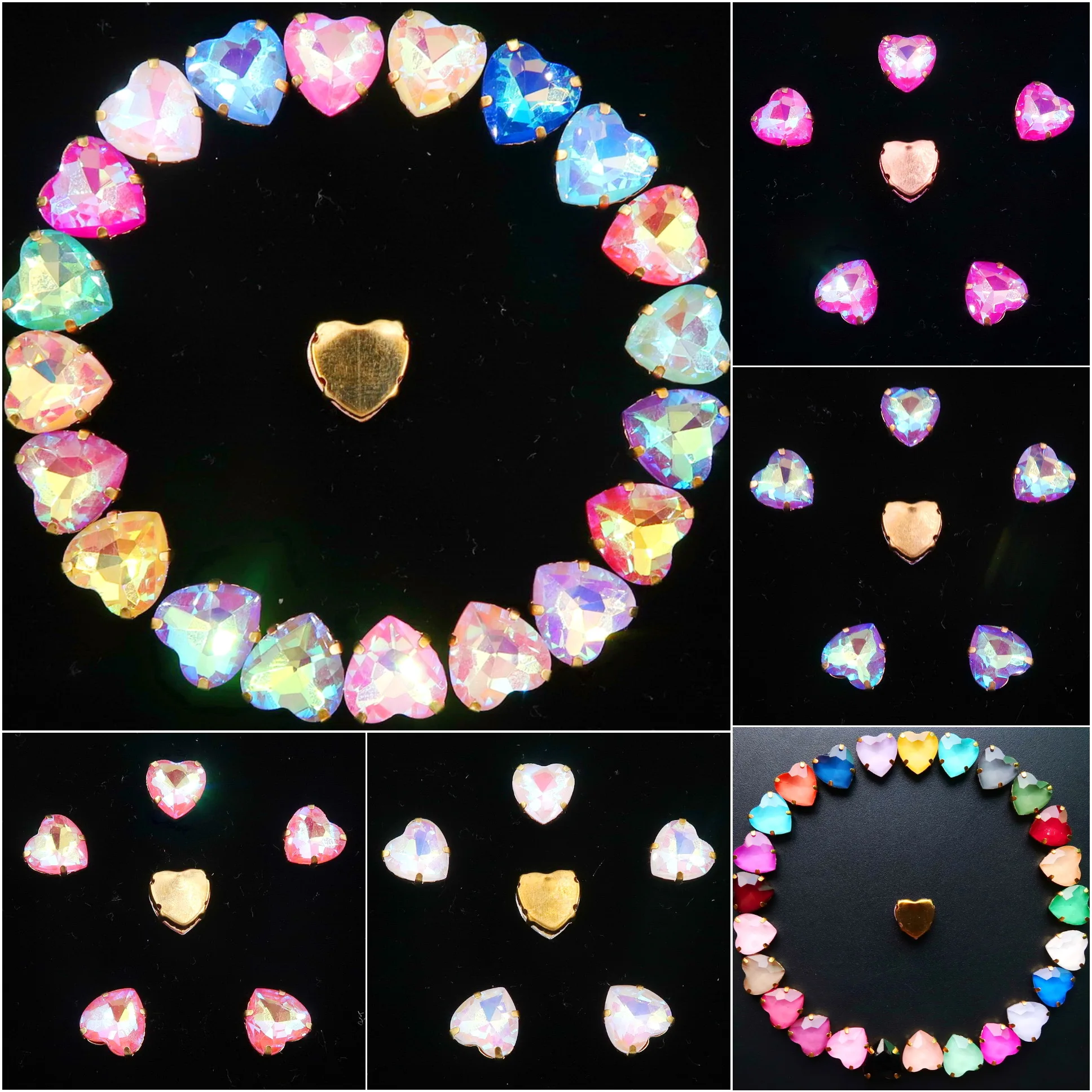 

20pcs/p gold claw settings jelly candy & AB glass Crystal 10mm heart shape Sew on rhinestone bead shoes bags handicraft diy trim