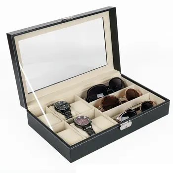 

Durable Dustpfoof Organizer Large Luxury Lock PU Leather Jewelry Display Storage Case Eyeglasses Holder 6 Grids Watch Box Gifts