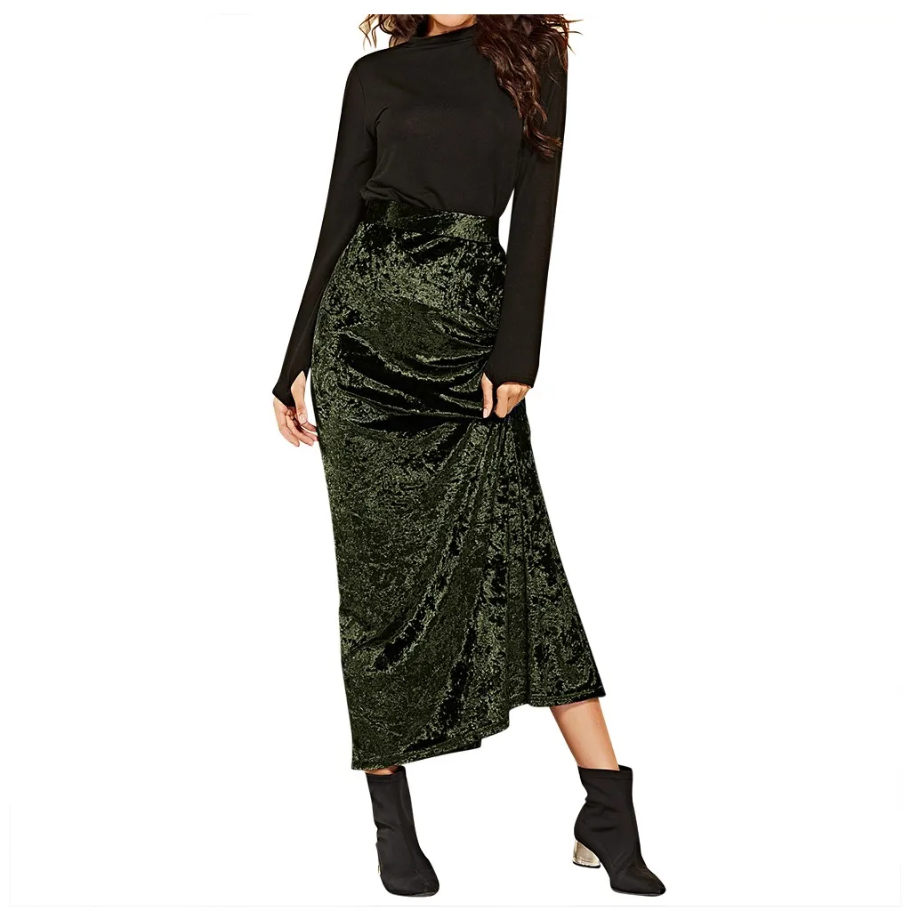 JAYCOSIN Одежда женская Повседневная однотонная длинная юбка женская s Модная элегантная юбка с высокой талией Золотая Бархатная юбка с разрезом Женская 1105 - Цвет: Army Green