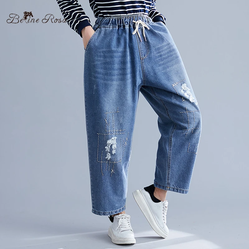 BelineRosa Plus Size Jeans Autumn Spring Loose Style Elastic High Waist Casual Denim Pants jeans feminino HL000019