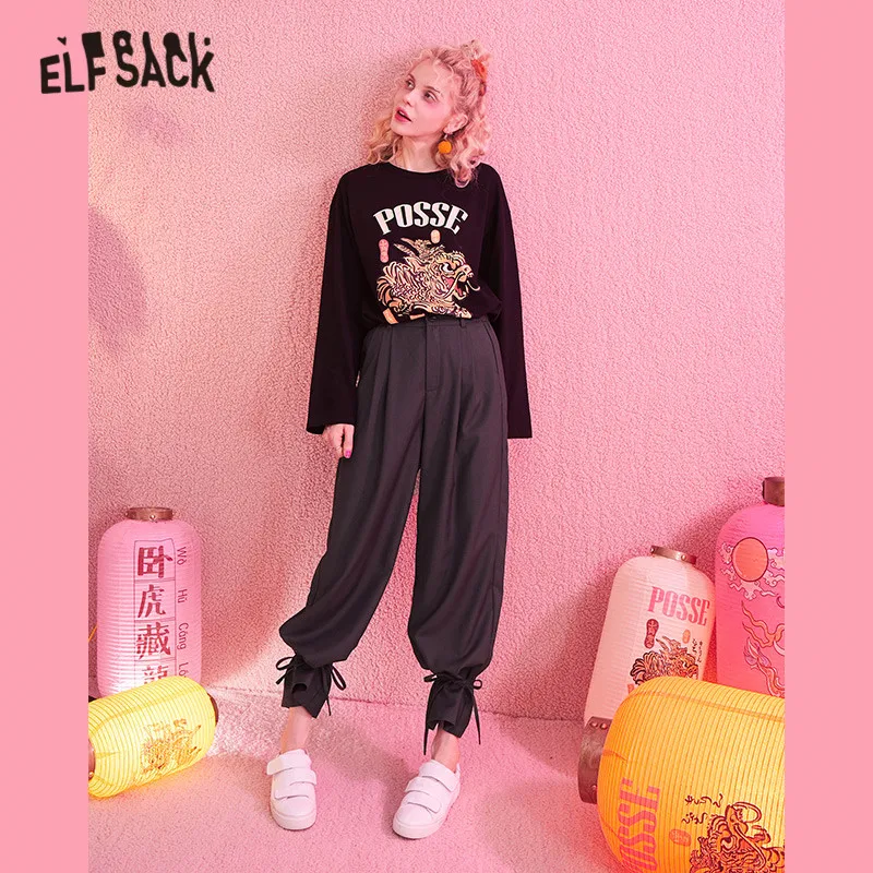 ELFSACK, серые, одноцветные, с высокой талией, повседневные, прямые, женские штаны, зима, новые, чистый корейский стиль, обтягивающие, для девушек, повседневные брюки