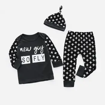 

PatPat Letter Top Cross Printed Pants Hat Set Expandable Shoulders Elastic Waistband Spring Autumn Round Neck