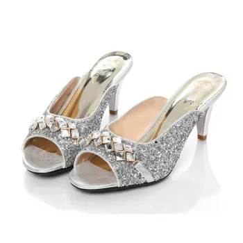 

B2-7 Size 34-39 Ladies Sexy Sequined Crystals Decoration Slippers Female Summer Slides Woman High Heels Shoes Women Party Shoe