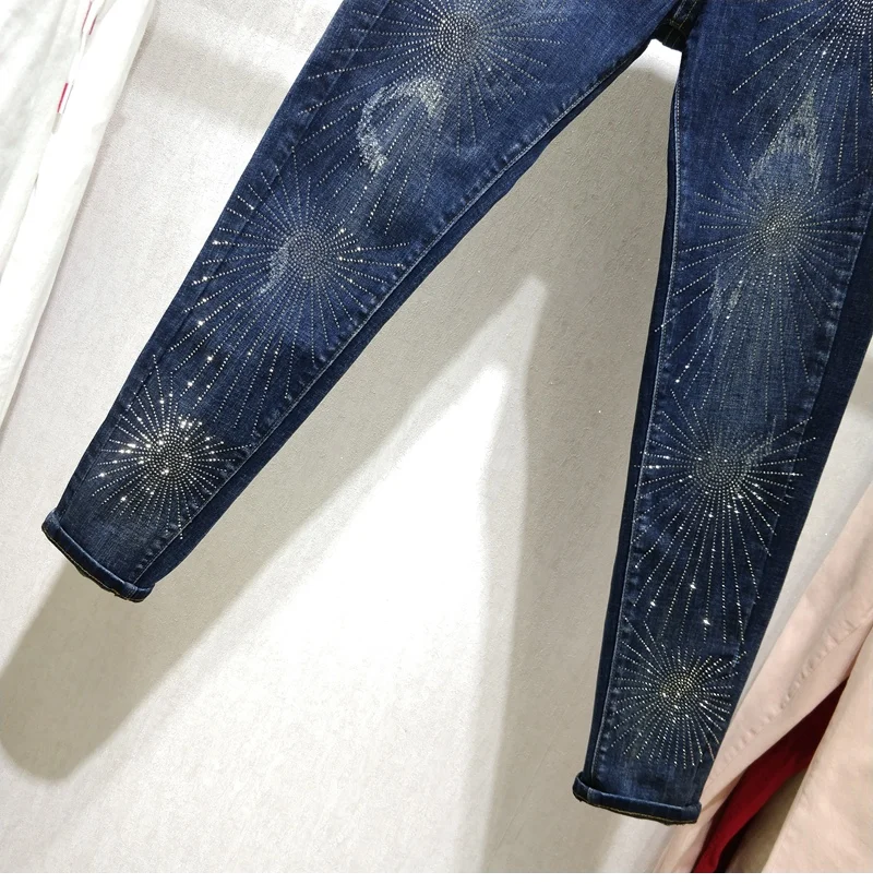 Heavy Industries Drilled Jeans dark blue denim Pants for women New Autumn wear Women's High Waist Slim Pencil Pants trousers