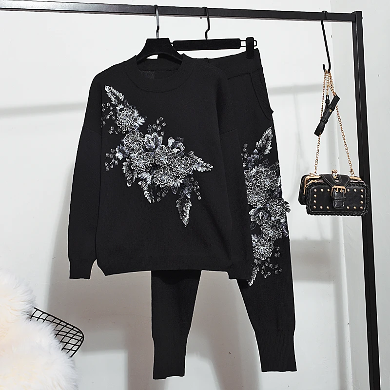 

2019 Autumn Winter New knit Sweater Women Set Fashion Flower Long sleeve Pullover Tops + Small feet Pants Ladies 2 Piece Outfit