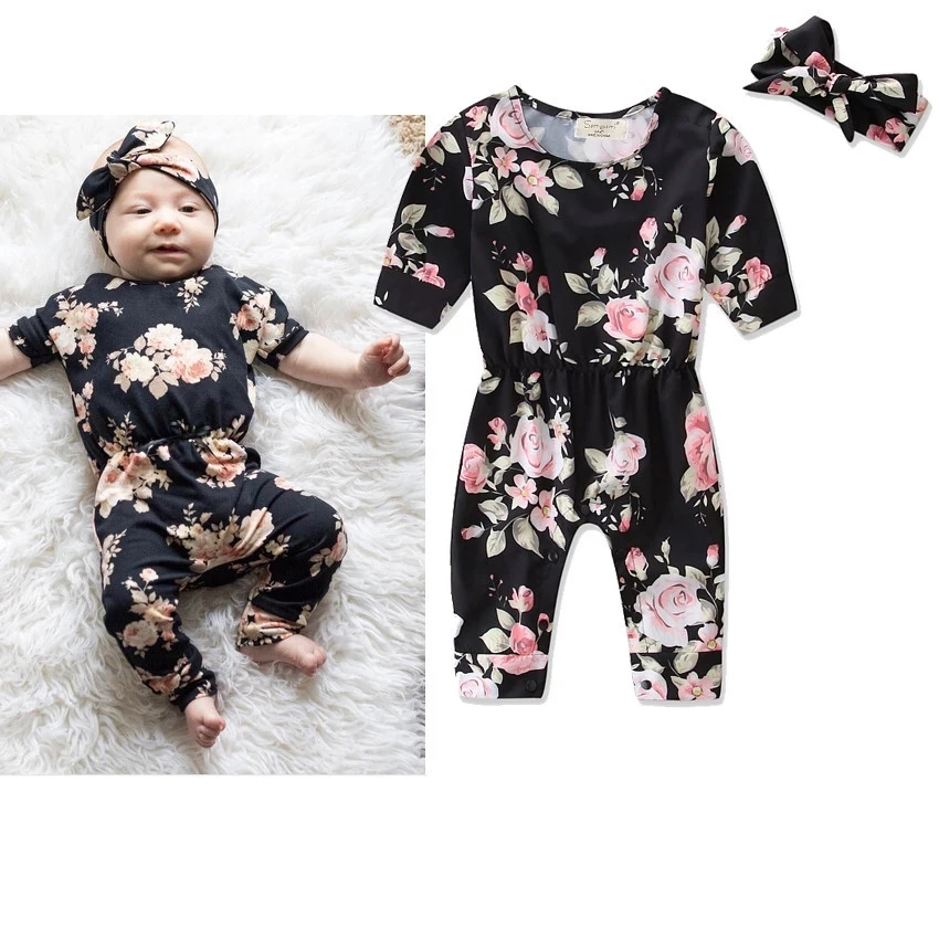 

0-24M Boutique 2Pcs Baby Clothes Floral Long Sleeve Infant Kids Baby Rompers+Headband Jumpsuit Outfits New Born Baby Clothes