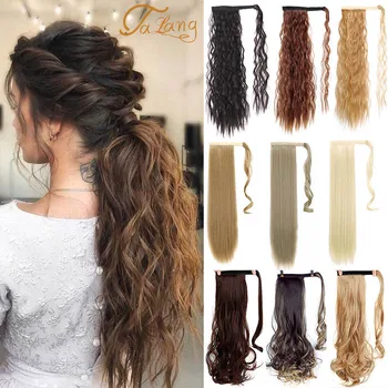 

TALANG Long Wavy Ponytail Extension for Women Synthetic Wrap Around Magic Paste Curly Ponytail Corn Wave Clip in Hairpiece
