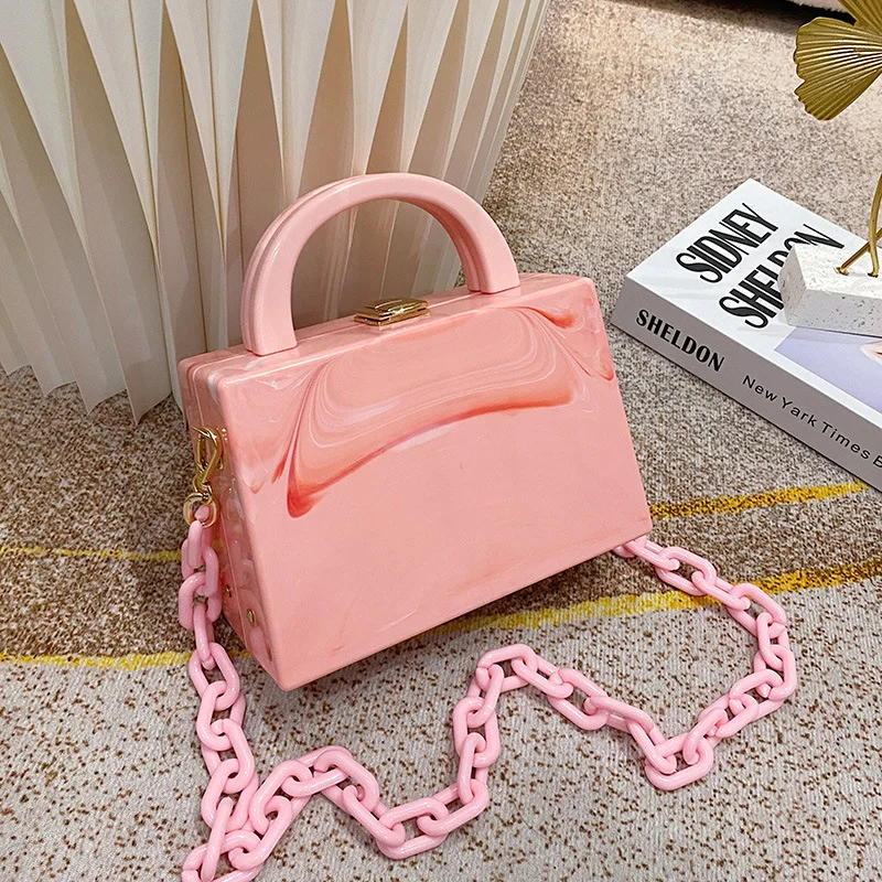 Women's Clutch Purse With Chain - PU Leather & Marble Acrylic Evening Bag, Detachable Strap