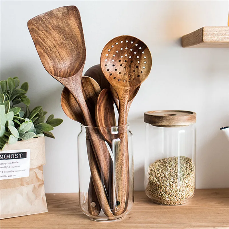 Thailand Teak Natural Wood Tableware Spoon Ladle Turner Long Rice Colander Soup Skimmer Cooking Spoons Scoop Kitchen Tool Set|Cooking Tool Sets| - AliExpress