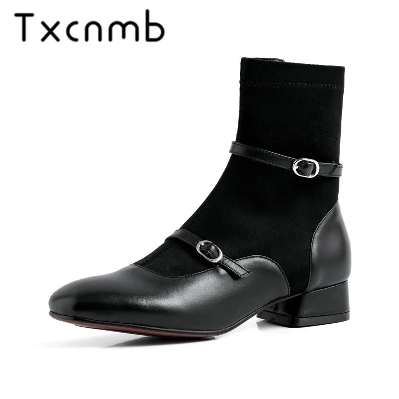 

TXCNMB Quality Genuine Leather Zipper Ankle Basic Boots Women Ankle Boots Round Toe High Heels Party Shoes Woman