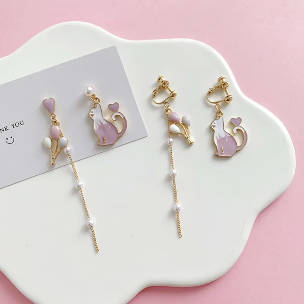 E-Ling серьги, Япония, Южная Корея, розовый галстук, асимметричный шар, кошачьи уши, гвозди, длинная цепочка, жемчужные серьги для женщин
