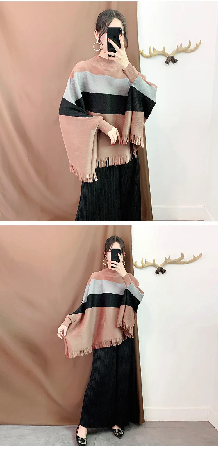 Miyake плиссированные футболки, пожалуйста, Женская Новая мода, повседневные Лоскутные водолазки с кисточками, блузы с рукавами «фонарик», большие размеры, женская рубашка