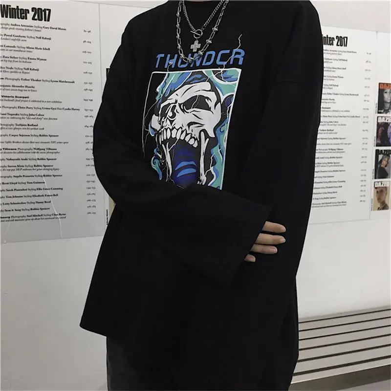 InsGoth/черные футболки Осенняя Harajuku свободная уличная Готическая панковская Футболка Топ с принтом черепа и длинным рукавом Женские панковские Длинные Топы