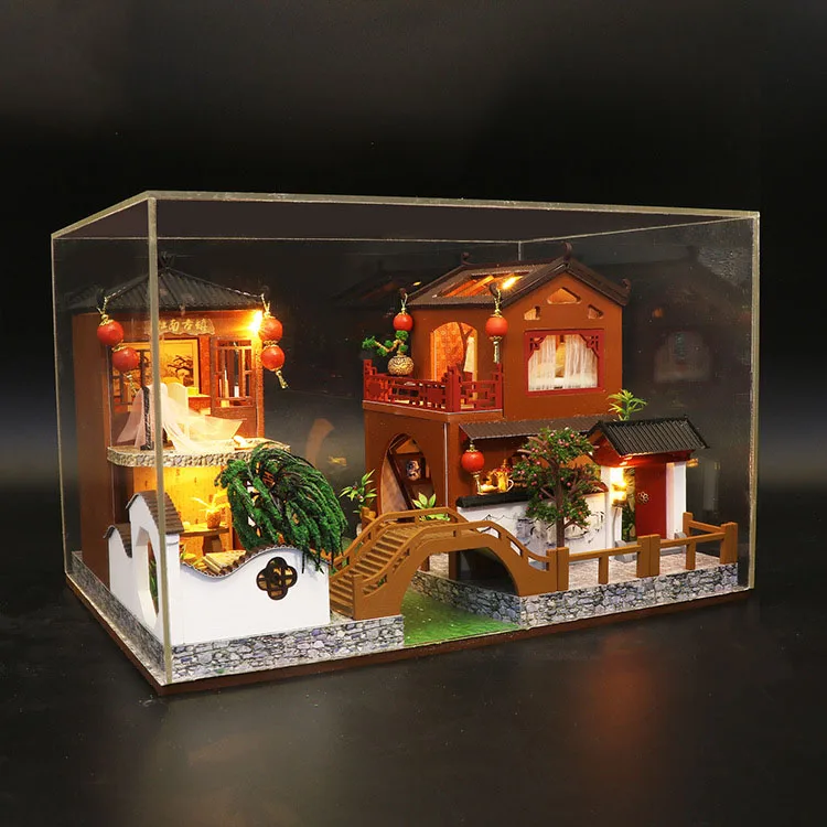 Модель кукольного дома, миниатюрный деревянный кукольный домик, игрушки, китайский древний город, кукольные домики, Строительный набор, светодиодная мебель, игрушка для дома - Цвет: with dust cover