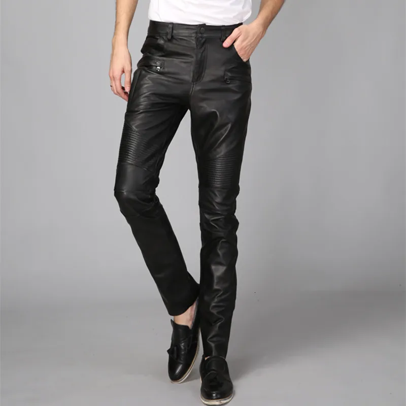 Men 2020 New Windproof Motorcycle Biker Genuine Leather Skinny Pants Rock Casual Spring Full Length Pleated Punk Male Trousers | Мужская